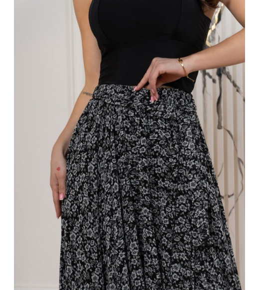 Черная шифоновая расклешенная юбка с принтом